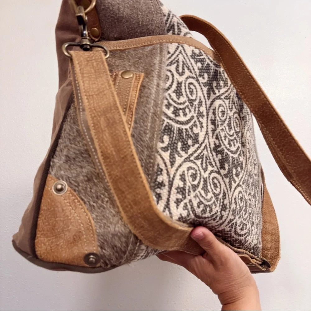 Myra Hair-on Hide Tapestry Leather Weekender Overnight Tote Travel Laptop Bag